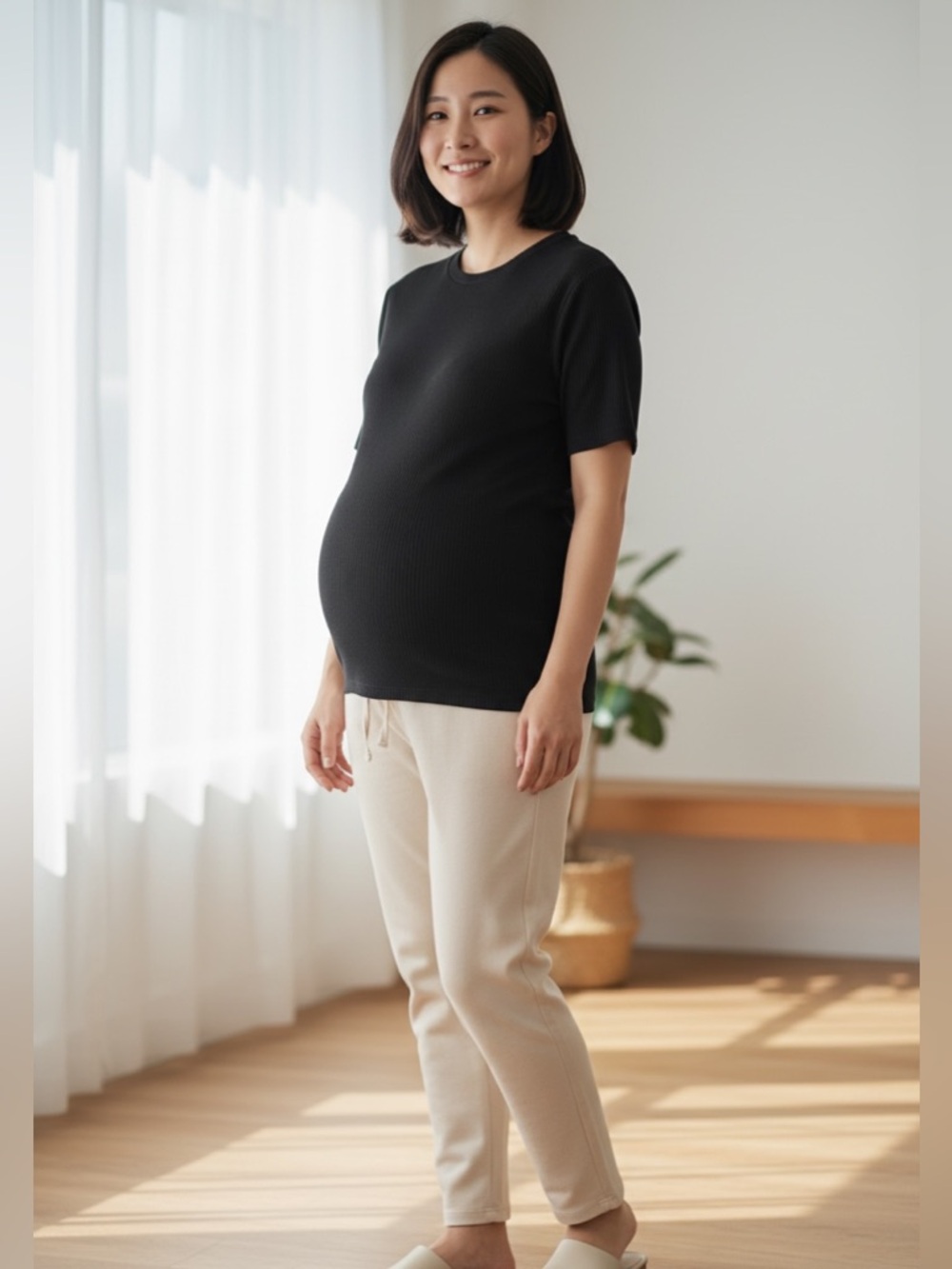 Storq  Black Ribbed Crew Short-Sleeve Maternity Tee Size 4